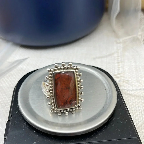 Vintage Sterling Silver Jasper Ring with Ornate Beaded Setting – Size 6.75 - Picture 13 of 14
